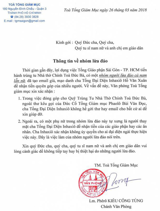 Cảnh giác với email kêu gọi quyên góp trùng tu Nhà thờ Đức Bà - Ảnh 1. Cảnh giác với email kêu gọi quyên góp trùng tu Nhà thờ Đức Bà - Ảnh 1.