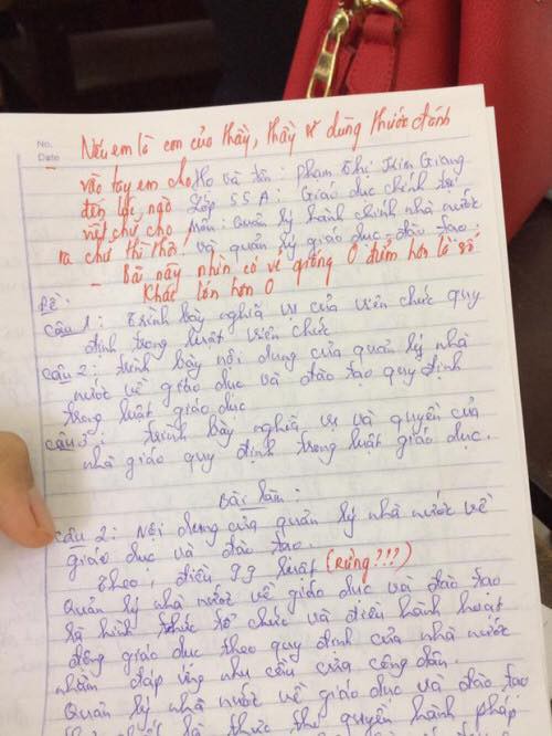 “Nếu em là em của thầy, thầy sẽ dùng thước đánh vào tay em cho đến lúc nào viết chữ cho ra chữ thì thôi! Bài này nhìn có vẻ giống 0 điểm hơn là số khác lớn hơn 0