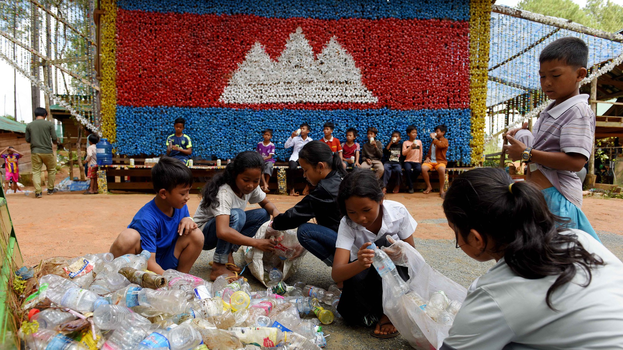 School made. Coconut School Cambodia. Rubbish at School. Asia Trash.