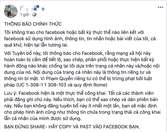 Lại rộ chuyện đăng ‘tuyên bố Facebook’ để bảo mật thông tin cá nhân - Ảnh 1. Lại rộ chuyện đăng ‘tuyên bố Facebook’ để bảo mật thông tin cá nhân - Ảnh 1.