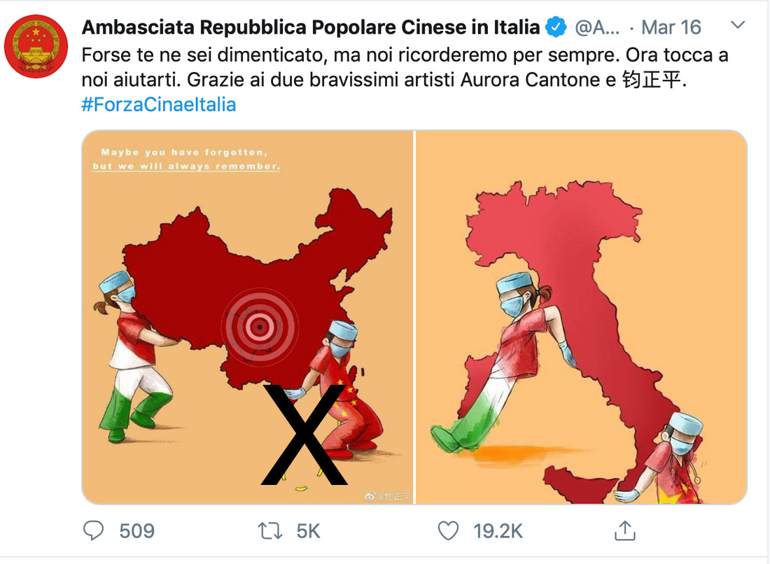 Tài khoản có dấu tick xanh của Đại sứ quán Trung Quốc tại Ý đăng tải hai bức vẽ lên Twitter, trong đó bức bên trái là tranh của họa sĩ Trung Quốc vẽ 
