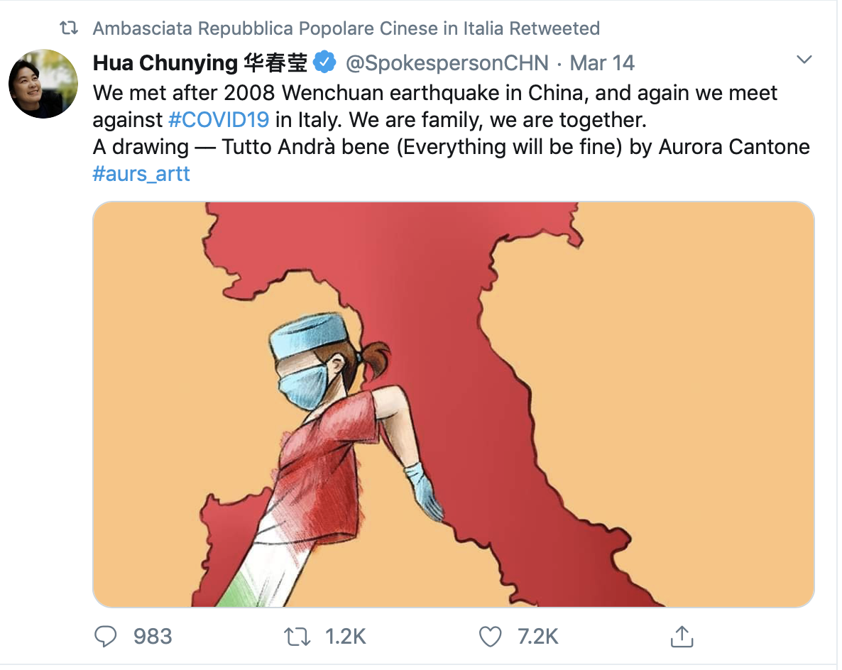 Phát ngôn viên Bộ Ngoại giao Trung Quốc Hoa Xuân Oánh đăng bức vẽ của người được cho là người Ý tên Aurora Cantone trên Twitter ngày 14-3 - Ảnh chụp màn hình