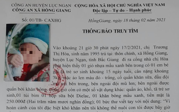 Trẻ sơ sinh 15 ngày tuổi bị bỏ rơi cùng thư tay 'hoàn cảnh khó khăn không thể nuôi con'