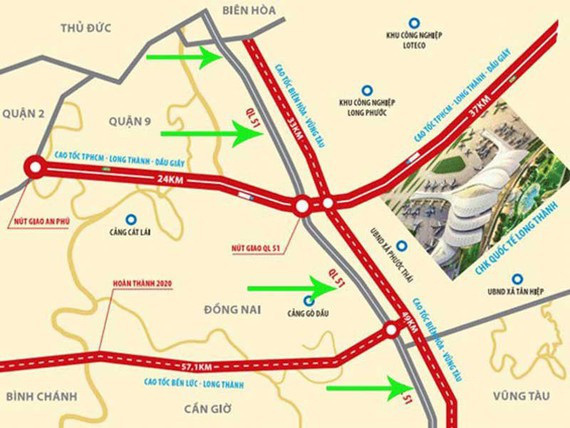 Hướng tuyến của dự án cao tốc Biên Hòa Vũng Tàu cắt cao tốc Bến Lức - Long Thành và cao tốc TP.HCM - Long Thành - Dầu Giây