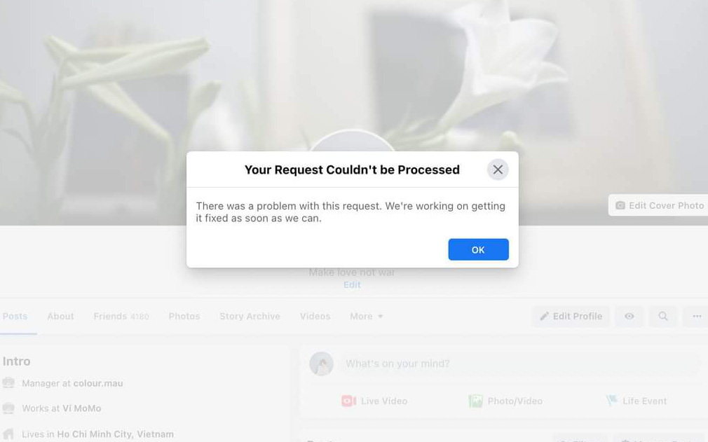 Facebook gặp sự cố, nhiều người dùng bị ảnh hưởng- Ảnh 2. Nhiều người dùng Facebook trên máy tính bị lỗi ‘không thể xử lý yêu cầu của bạn’
