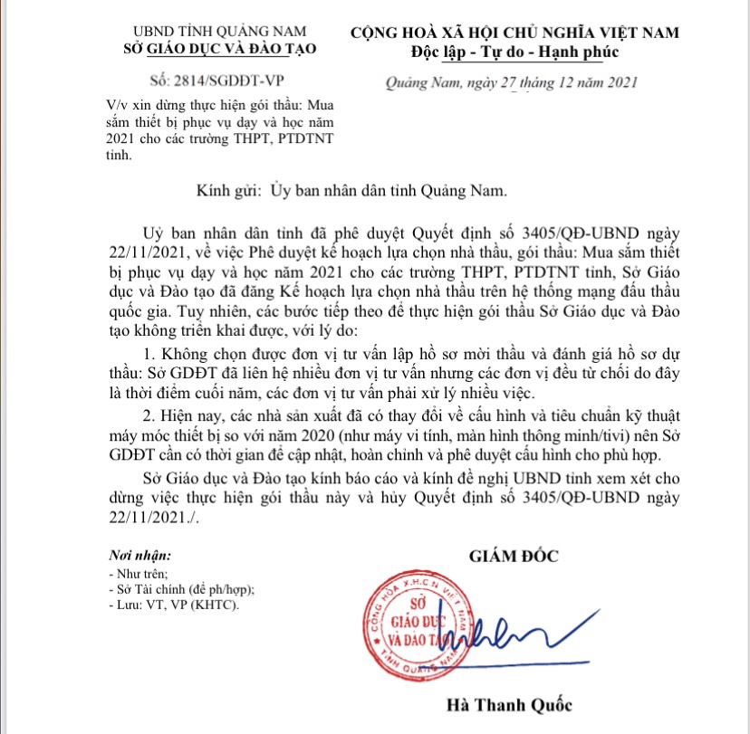 Giám đốc Sở GD-ĐT Quảng Nam ký xin dừng gói thầu mua sắm lớn trước khi nghỉ hưu - Ảnh 1.
