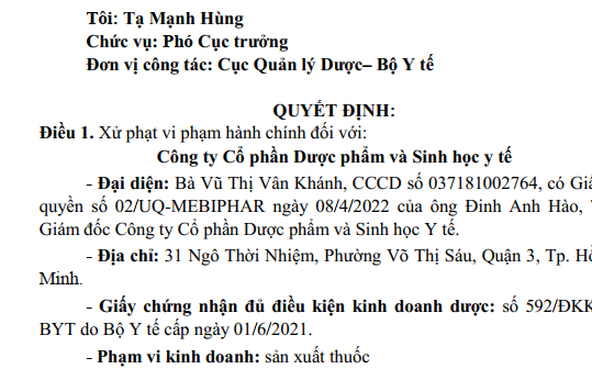 Tiêu hủy hơn 1,7 tấn chân gà, sau khi chủ tịch UBND TP Hải Phòng kiểm tra phát hiện- Ảnh 3. Phạt 230 triệu, buộc tiêu hủy 3 loại thuốc của Công ty cổ phần Dược phẩm và sinh học y tế