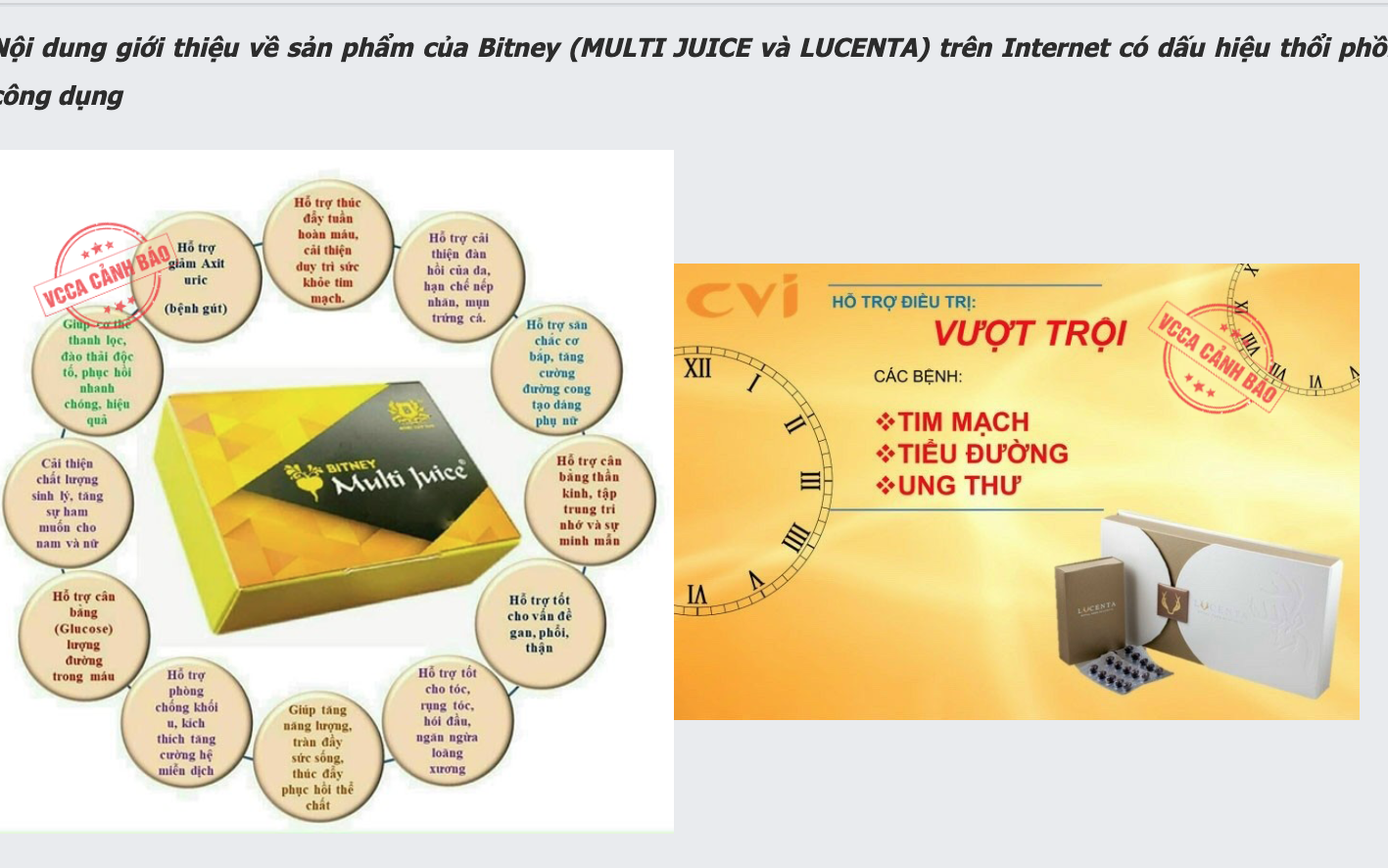 Cảnh báo kinh doanh đa cấp liên quan sản phẩm Multi Juice và Lucenta của Bitney