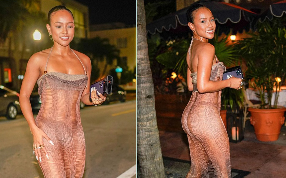 "Mỹ nhân gốc Việt" Karrueche Tran mặc váy ‘cái bang’ xuyên thấu đi… ăn tối