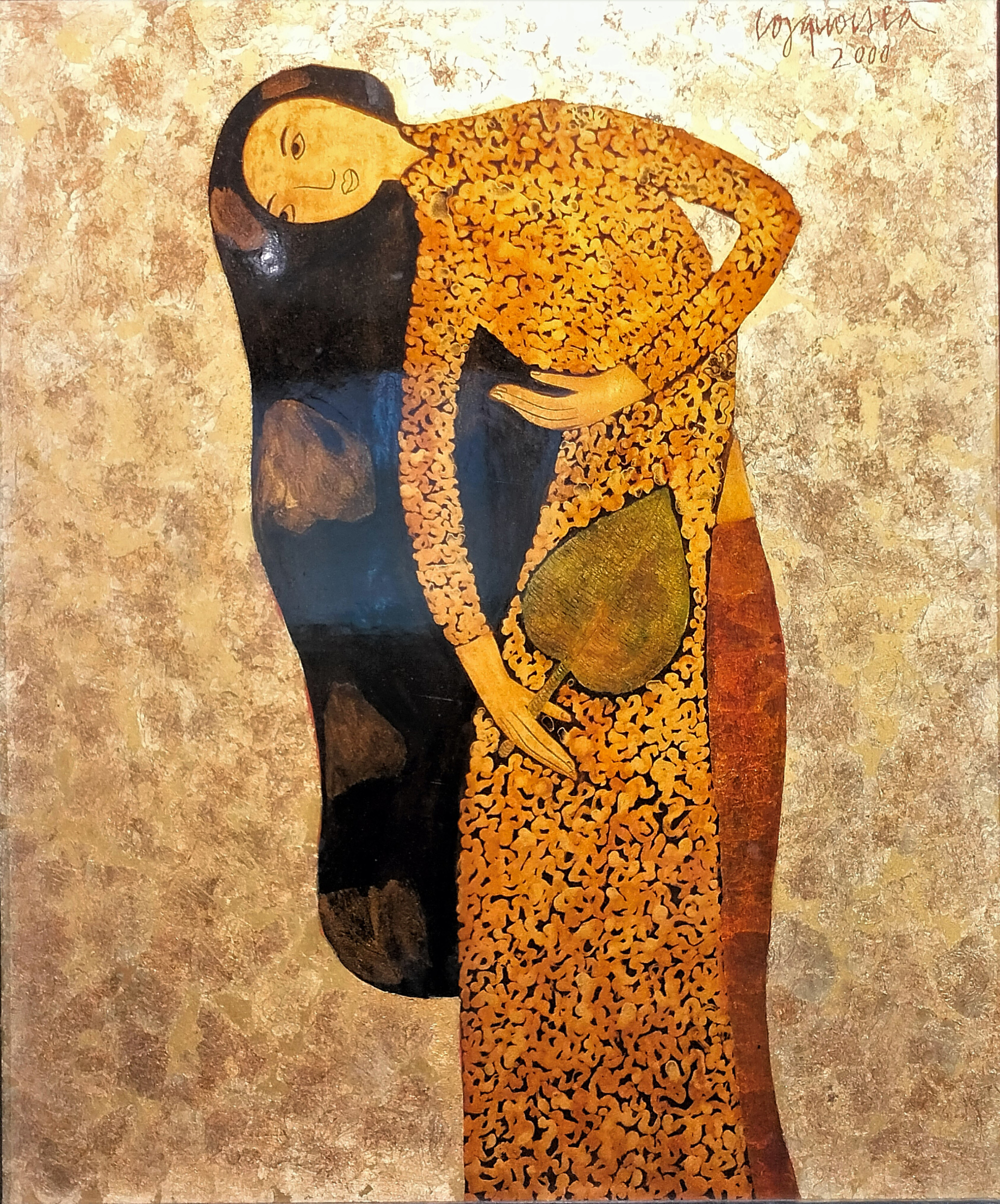 Tranh sơn mài "Thiếu nữ Hà Nội" của họa sĩ Công Quốc Hà. Sinh năm 1955, ông nổi tiếng với những nhân vật nữ mang vóc dáng thanh lịch, nằm trong nhóm họa sĩ góp phần làm sống lại nghệ thuật sơn mài truyền thống với diện mạo hiện đại trong mắt quốc tế.