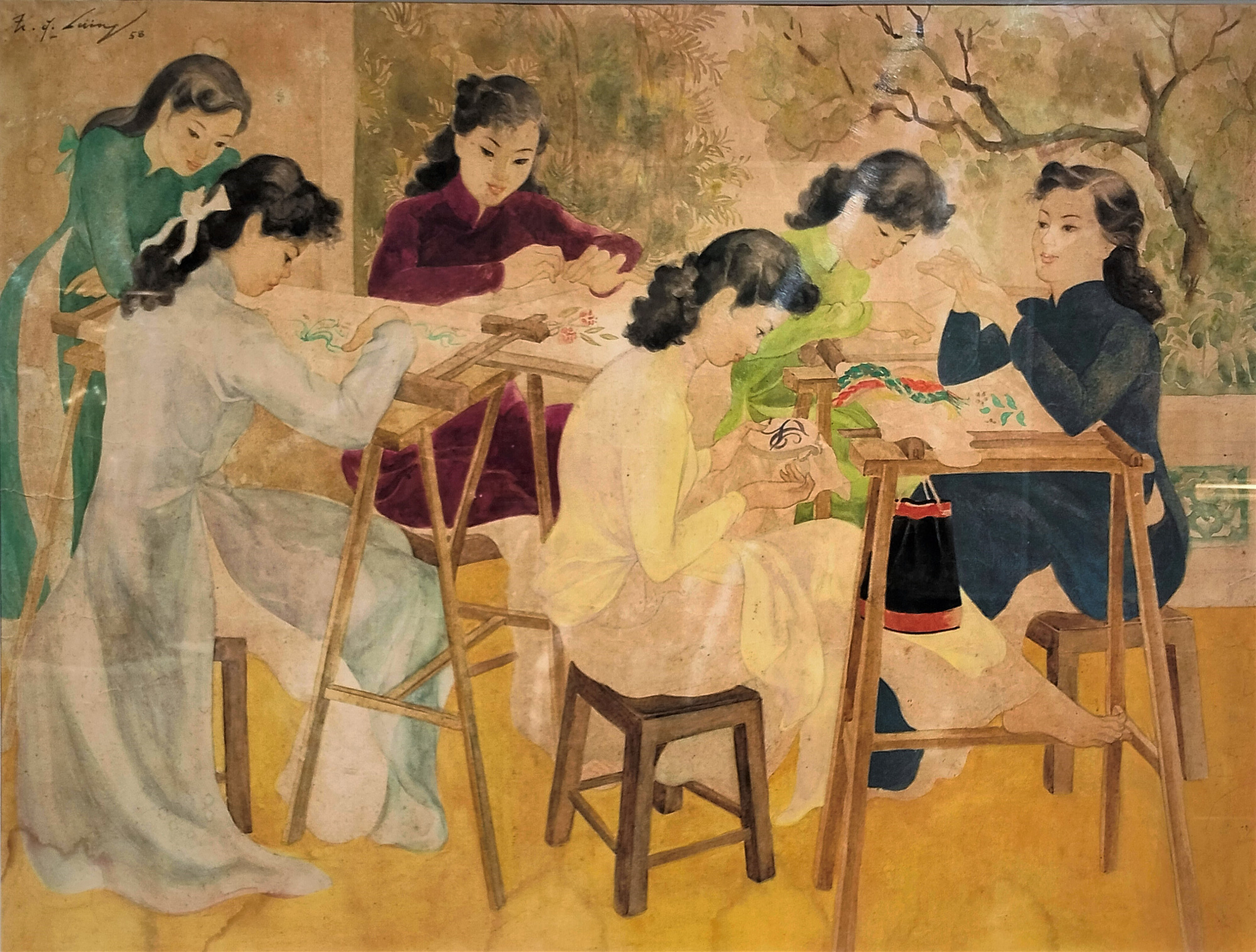 Tranh màu nước "Lớp học thêu" vẽ năm 1958 của họa sĩ Trần Đông Lương (1925 - 1993).