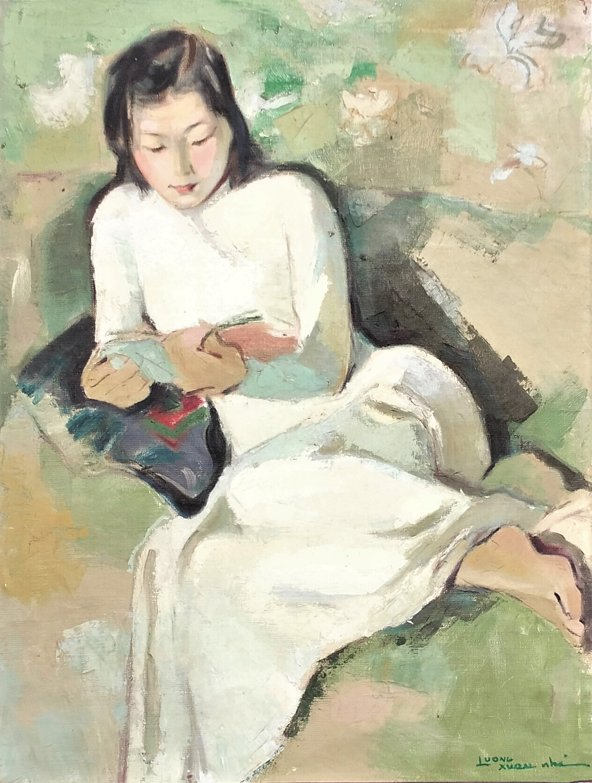 Tranh sơn dầu trên canvas "Thiếu nữ đọc sách" của họa sĩ Lương Xuân Nhị (1914 - 2006). Ông là giáo sư, nhà giáo nhân dân, họa sĩ nổi tiếng với những bức chân dung thiếu nữ và phong cảnh, sinh hoạt bình dị.