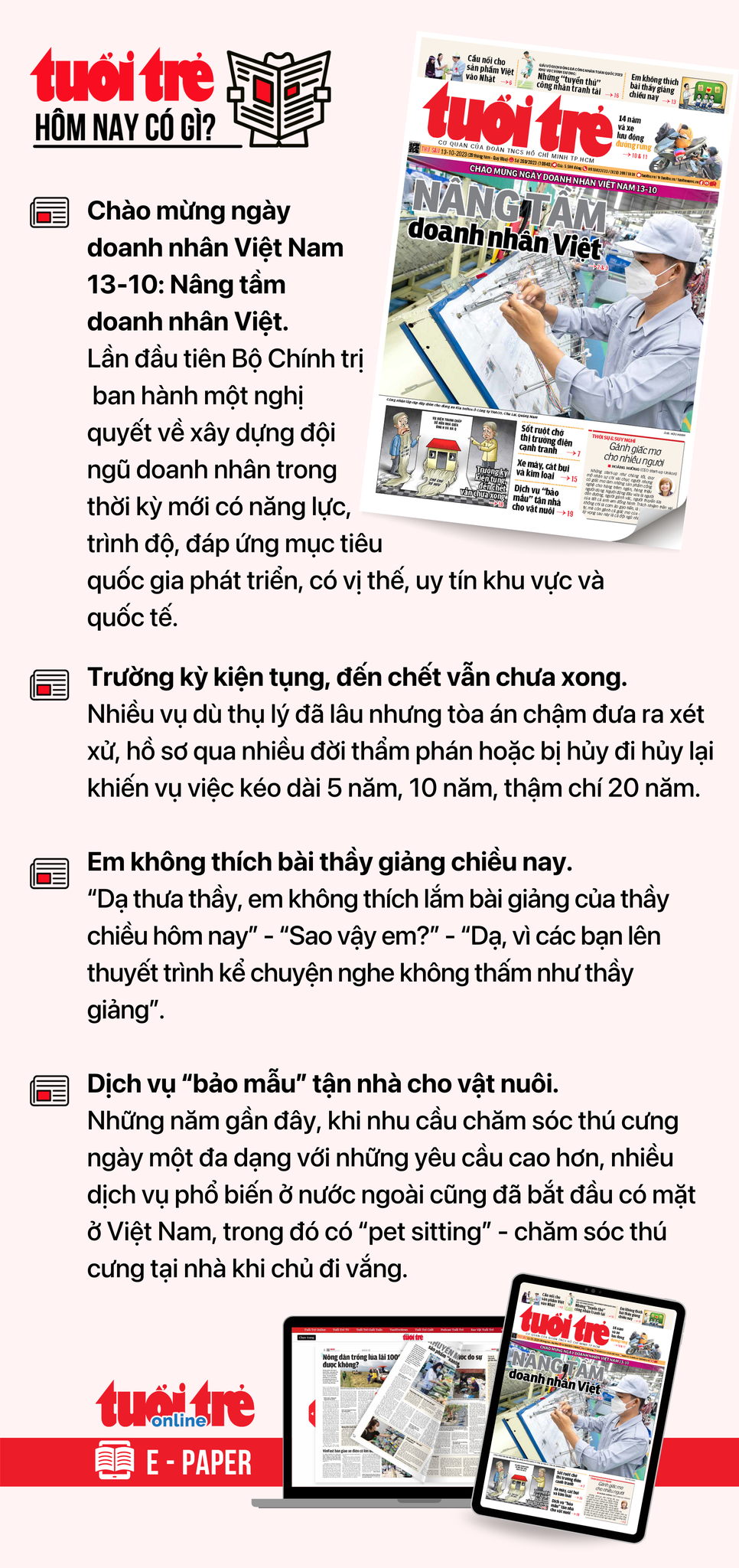 Tin tức chính trên Tuổi Trẻ nhật báo hôm nay 13-10. Để đọc Tuổi Trẻ báo in phiên bản E-paper, mời bạn đăng ký Tuổi Trẻ Sao TẠI ĐÂY