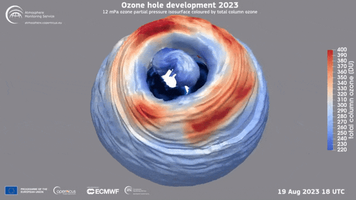 Mô phỏng lỗ thủng tầng ozone năm nay mở ra trên Nam Cực, dựa trên dữ liệu do vệ tinh Copernicus Sentinel-5P của Cơ quan Vũ trụ châu Âu thu thập - Nguồn: ESA