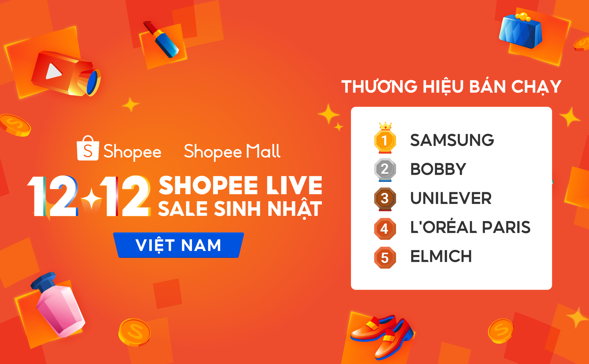 Shopee lập kỷ lục sản phẩm bán qua livestream tăng 28 lần trong ngày 12-12- Ảnh 2. Loạt thương hiệu được yêu thích trên Shopee Mall gồm Samsung, Bobby, Unilever, L'Oréal Paris, Elmich.