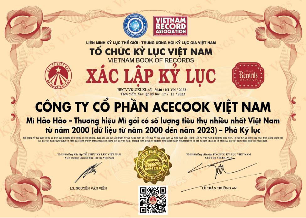 Chứng nhận của tổ chức Kỷ lục Việt Nam cho mì Hảo Hảo tháng 11-2023