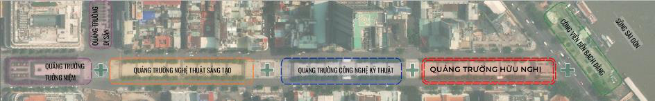 Đề xuất phân đoạn phố đi bộ Nguyễn Huệ, mỗi đoạn mang một chủ đề và dành một phân đoạn cuối cho chủ đề hợp tác - hữu nghị quốc tế. Một không gian công cộng rộng lớn và liên hoàn kết nối từ UBND TP - Nhà hát lớn ra đến công viên bờ sông và trong tương lai kết nối bờ phía đông