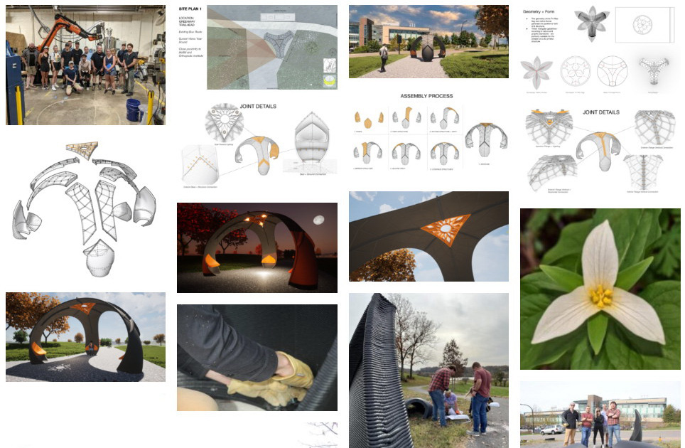 Ý tưởng và phối cảnh thiết kế của các sinh viên Đại học Tennessee. Các bề mặt cong, mỏng của cấu trúc được lấy cảm hứng từ những cánh hoa Trillium - Ảnh: Archdesign.utk.edu