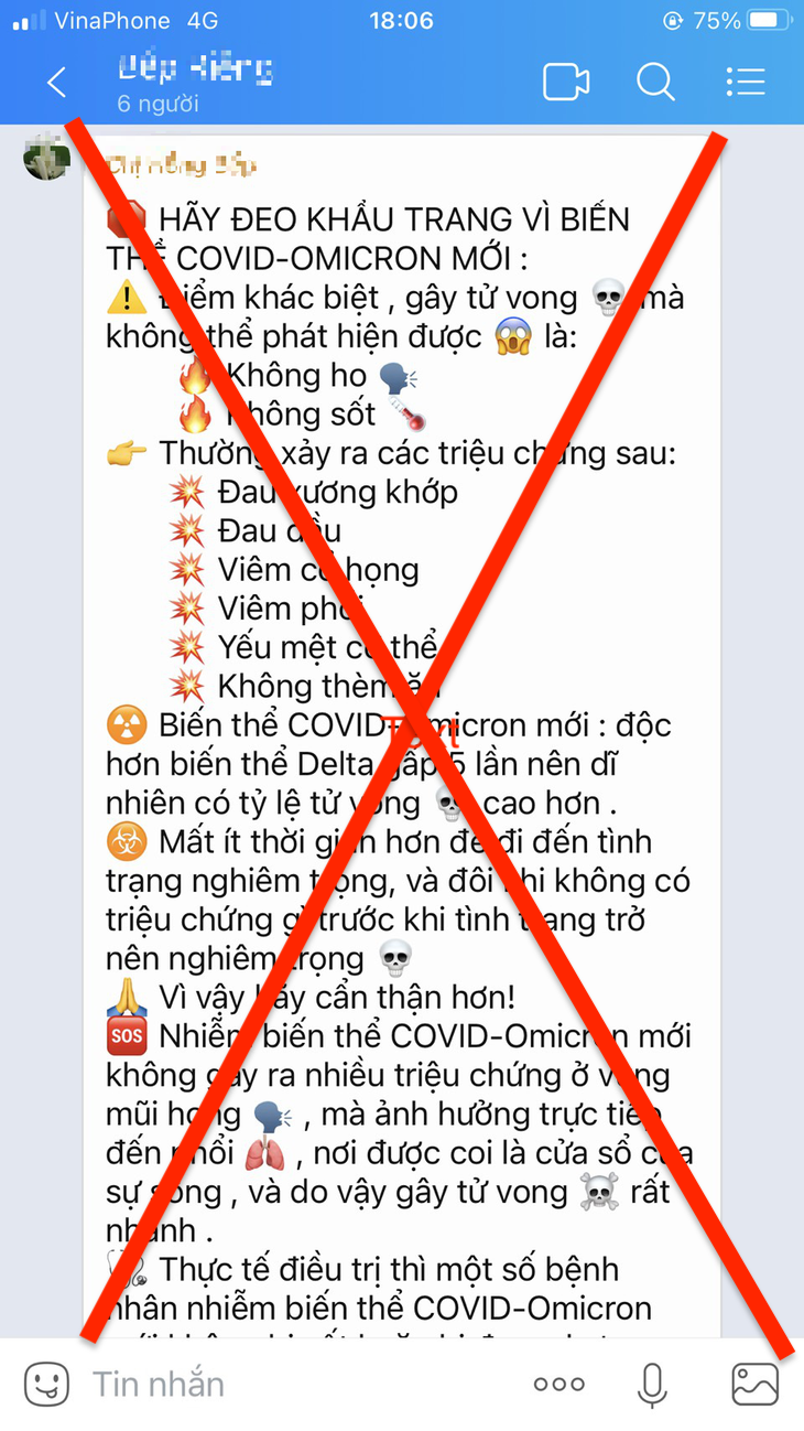 Tin đồn thất thiệt xuất hiện biến thể COVID-19 mới được lan truyền trong các hội nhóm trên Zalo - Ảnh: D.Liễu chụp lại