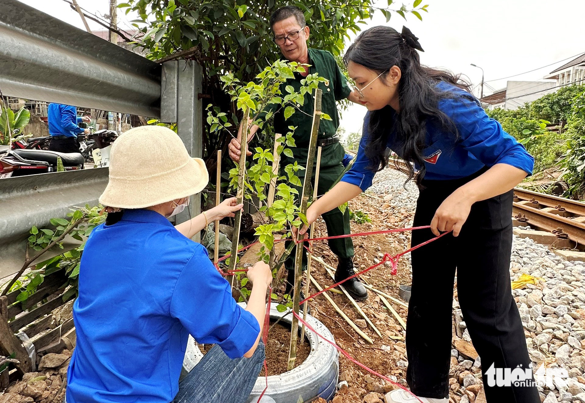 Đoàn thanh niên, nhân viên đường sắt, cựu chiến binh trồng hoa giấy dọc đường sắt ở Quảng Trị - Ảnh: LÊ HẢI