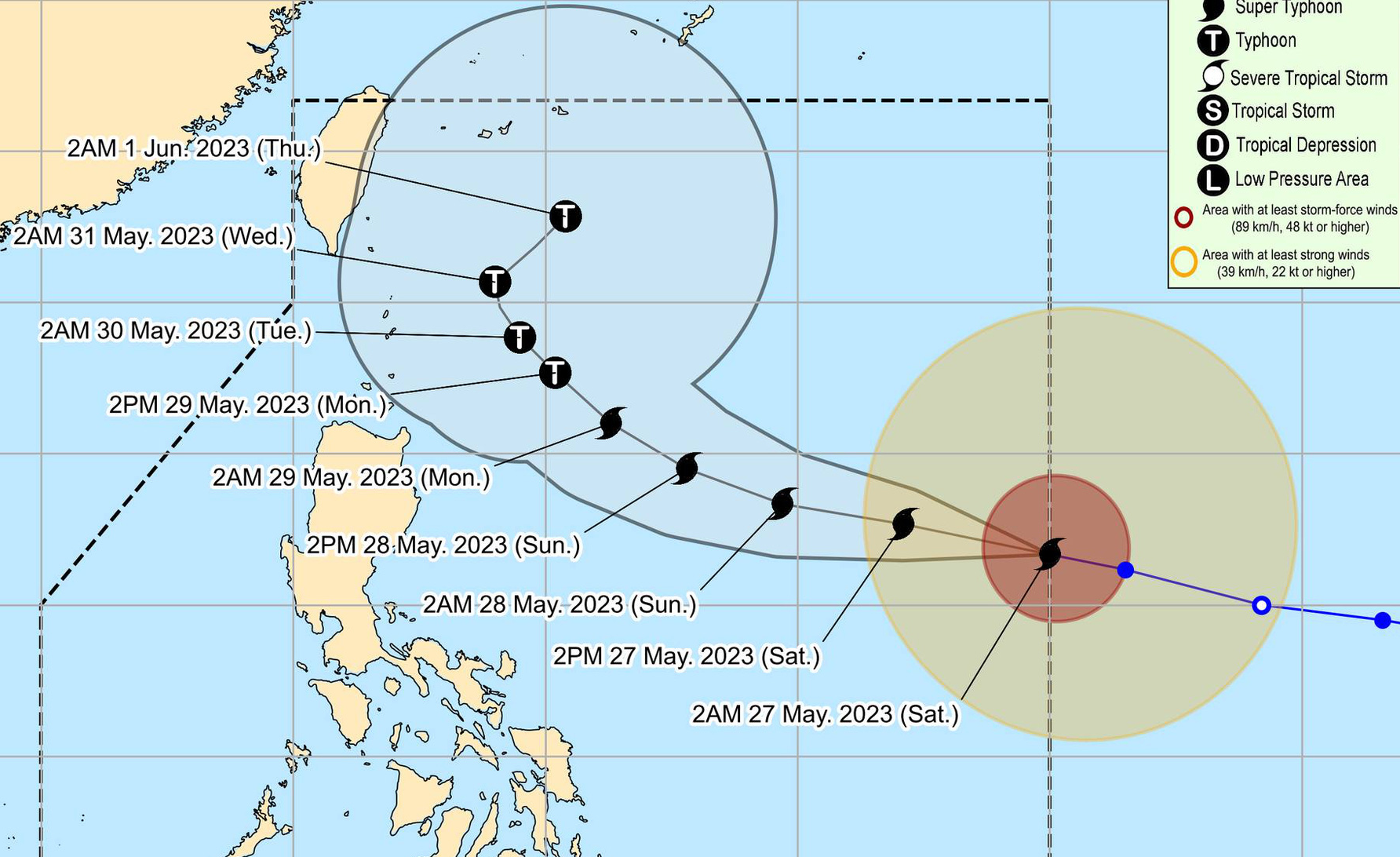Vị trí và hướng di chuyển siêu bão Mawar - Ảnh: PAGASA