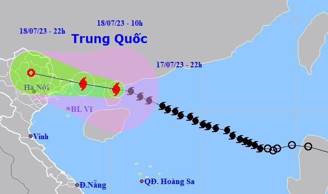 Sơ đồ dự báo hướng di chuyển bão số 1 lúc 22h tối 17-7 - Ảnh: NCHMF