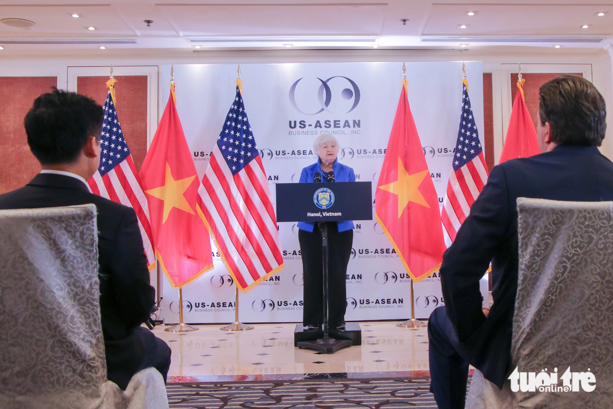 Trong bài phát biểu, bà Yellen nhấn mạnh Việt Nam là đại diện cho một trong những câu chuyện sáng giá về sự phát triển trong 10 năm trở lại đây - Ảnh: DUY LINH