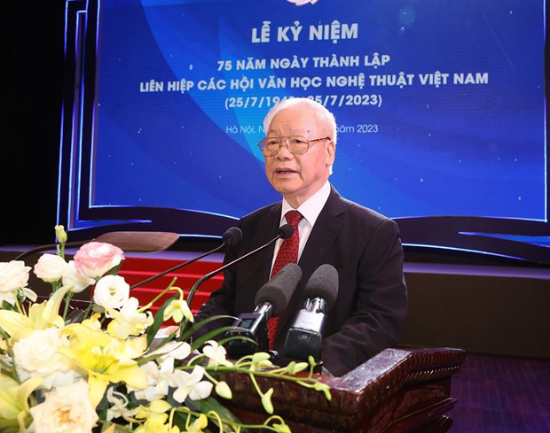 Tổng bí thư Nguyễn Phú Trọng phát biểu tại lễ kỷ niệm - Ảnh: TTXVN
