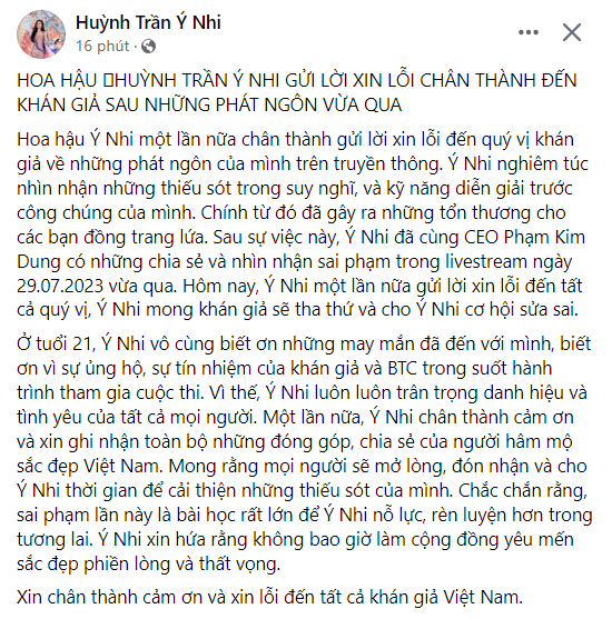 Hoa hậu Ý Nhi chính thức gửi lời xin lỗi đến khán giả  - Ảnh 2.