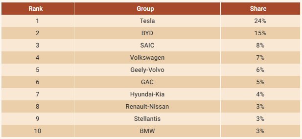 Thị phần 10 hãng xe thuần điện dẫn đầu thế giới trong 6 tháng đầu năm 2023 - Ảnh: CarNewsChina
