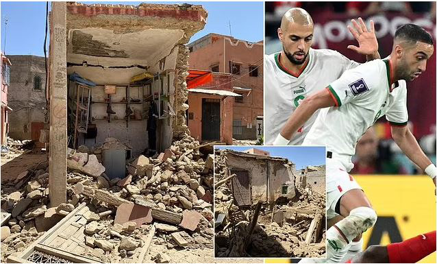 Các ngôi sao bóng đá Morocco cùng cầu nguyện cho những nạn nhân của "vụ động đất thế kỷ" ở Morocco - Ảnh: Daily Mail