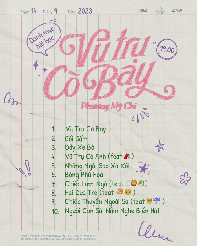 Sau khi thông báo dời lịch ra mắt album mới vì vụ cháy chung cư mini Khương Hạ, Phương Mỹ Chi chính thức tung album Vũ trụ Cò bay với 10 tác phẩm lấy ý tưởng từ văn học. Sau khi thông báo dời lịch ra mắt album mới vì vụ cháy chung cư mini Khương Hạ, Phương Mỹ Chi chính thức tung album Vũ trụ Cò bay với 10 tác phẩm lấy ý tưởng từ văn học.