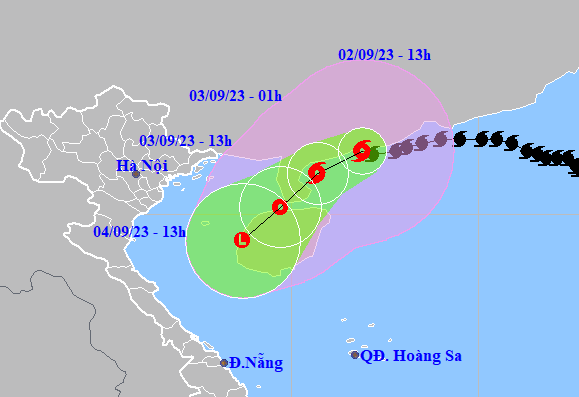 Ví trí và hướng di chuyển bão số 3 lúc 13h chiều 2-9 - Ảnh: NCHMF