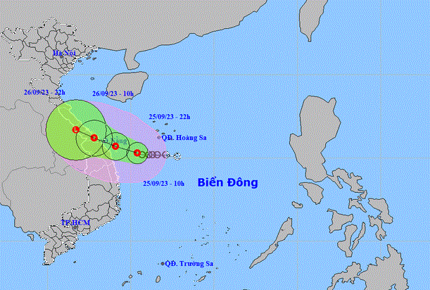 Vị trí và hướng di chuyển áp thấp nhiệt đới lúc 10h sáng nay - Ảnh: NCHMF