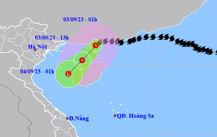 Vị trí và hướng di chuyển áp thấp nhiệt đới (suy yếu từ bão số 3) - Ảnh: NCHMF