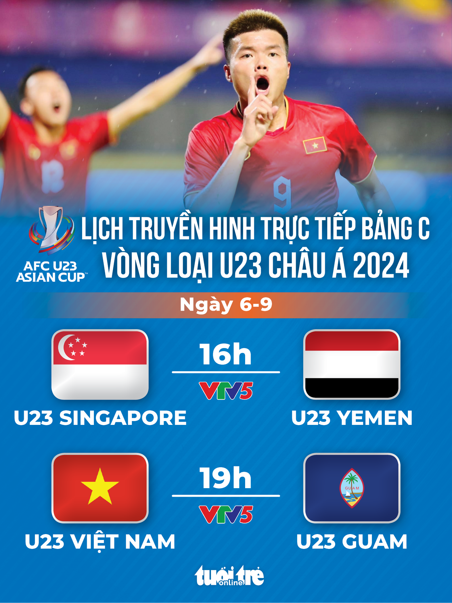 Lịch trực tiếp vòng loại Giải U23 châu Á 2024: U23 Việt Nam đấu Guam - Ảnh 1.