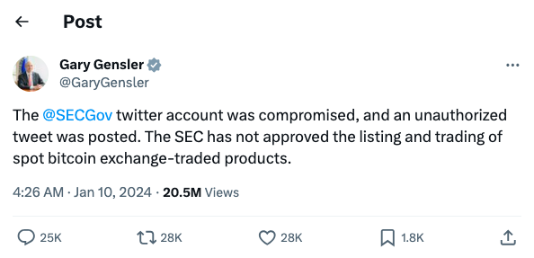 Chủ tịch SEC Gary Gensler cảnh báo về việc tài khoản X của cơ quan này đã bị xâm nhập - Ảnh: Chụp màn hình