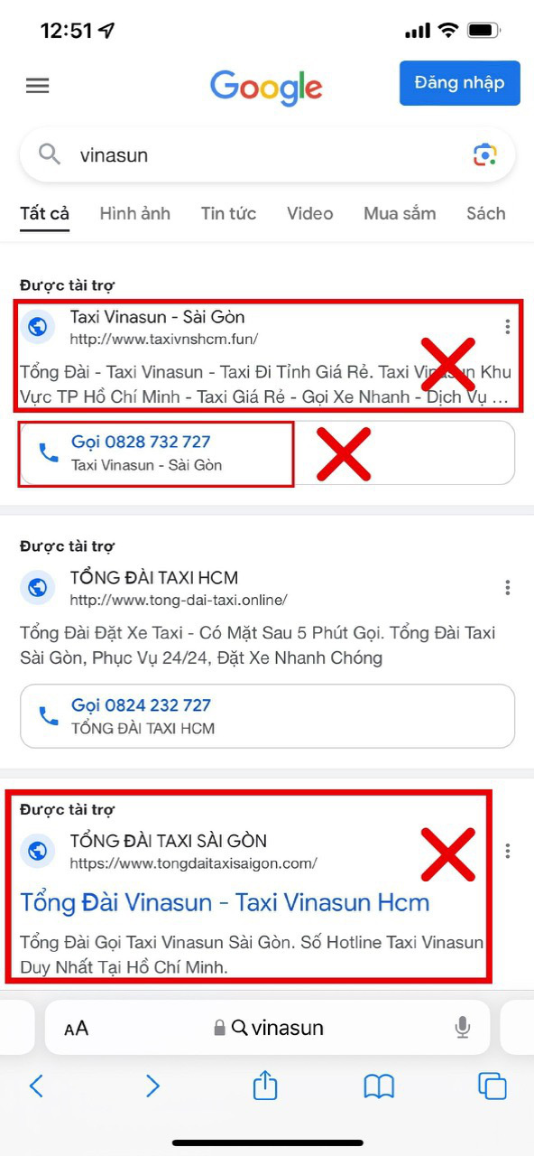 Taxi Vinasun bị giả mạo, cảnh báo khách hàng tránh nhầm lẫn với số điện thoại hiển thị trên Google - Ảnh: Vinasun