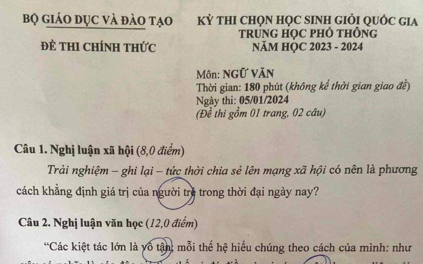 Đề thi chọn học sinh giỏi quốc gia môn ngữ văn năm 2024