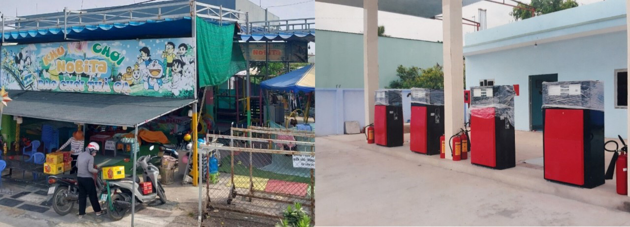 Loay hoay xử lý giấy phép sai của huyện Bình Chánh, thiệt hại tiền tỉ- Ảnh 1. Cửa hàng xăng dầu của ông Trần Cao Nam xây dựng hoàn chỉnh (bên phải ảnh) rồi bỏ phế gần 10 năm. Hiện ông Nam cho người quen làm nơi tổ chức trò chơi trẻ em để trông giữ mặt bằng (bên trái ảnh) - Ảnh: ÁI NHÂN