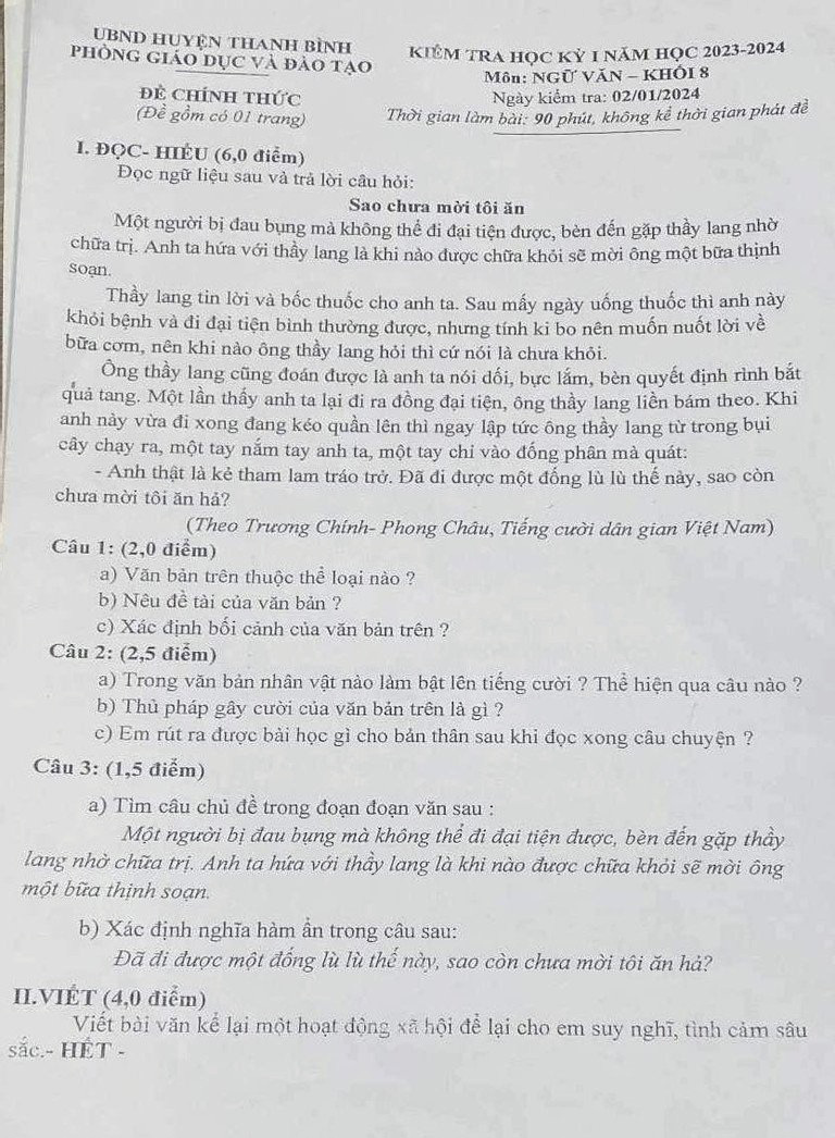 Đề thi văn lớp 8 có nội dung phản cảm, kiểm điểm 3 giáo viên- Ảnh 1. Đề kiểm tra môn ngữ văn khối 8 do Phòng Giáo dục và Đào tạo huyện Thanh Bình cho học sinh thi học kỳ 1 ngày 2-1 có từ ngữ phản cảm - Ảnh: Bạn đọc cung cấp