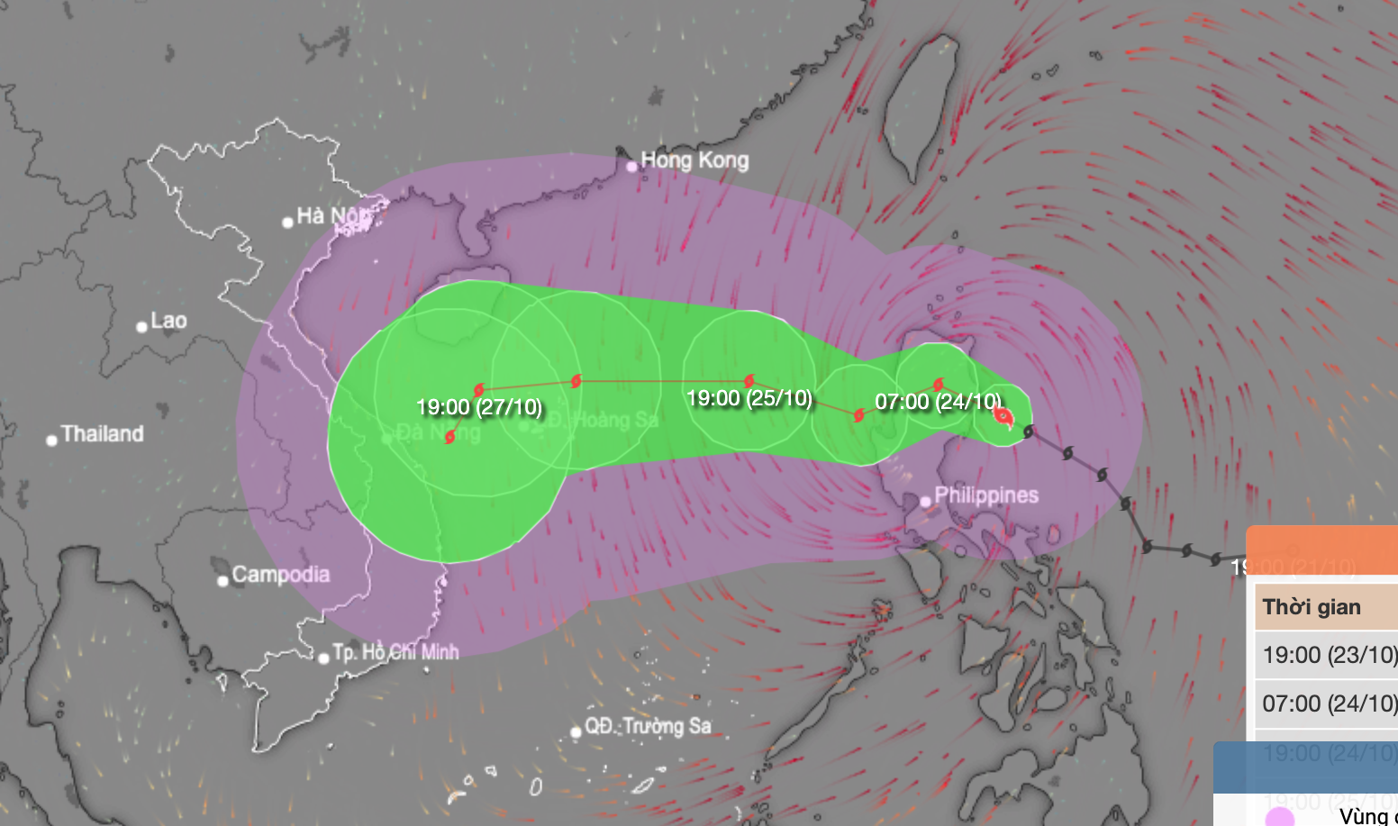 Dự báo vị trí và hướng di chuyển bão Trami lúc 19h tối 23-10 - Ảnh: NCHM