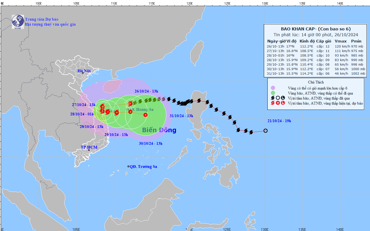 Bão số 6 áp sát đất liền, giật cấp 15 với mưa to, sóng lớn từ ngày 27-10