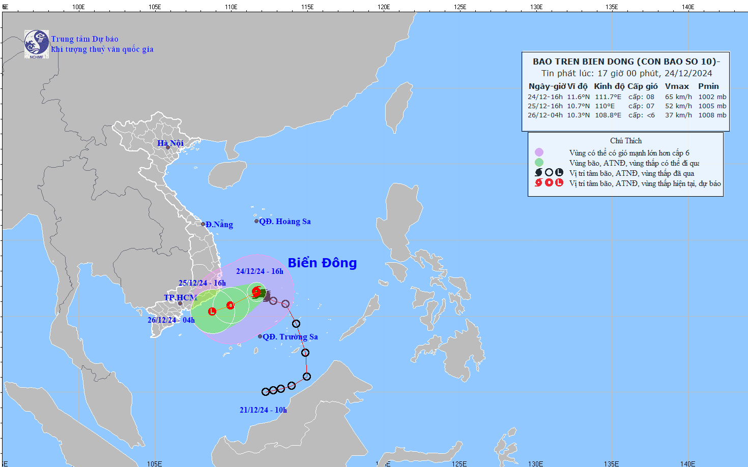 Dự báo thời tiết đêm 24, ngày 25-12 và diễn biến bão số 10