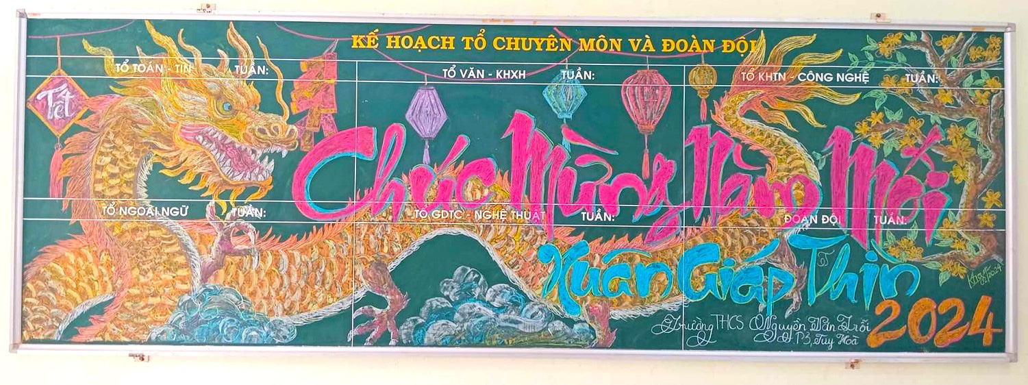 Linh vật rồng được cô Vũ Mặc Khuê Trâm (giáo viên mỹ thuật, Trường THCS Nguyễn Văn Trỗi) vẽ trên bảng phấn - Ảnh: Nhân vật cung cấp