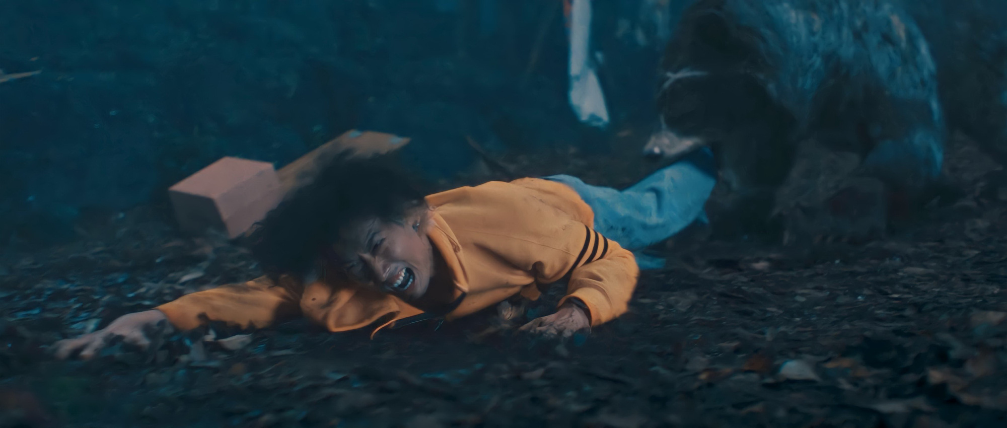 Tuan Tran interpreta o papel de alguém sendo atacado por um urso em Claws - Foto 1. Nhân vật của Tuấn Trần bị gấu kéo đi trong phim Móng vuốt - Ảnh: ĐPCC