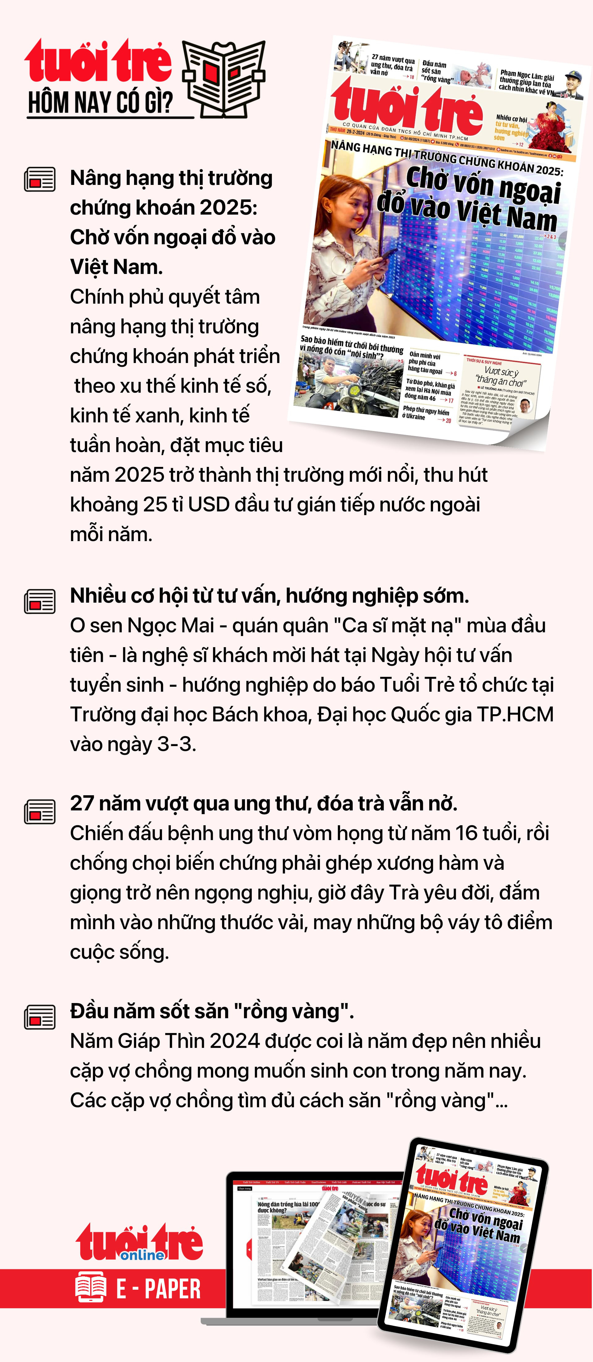 ข้อมูลหลักจากหนังสือพิมพ์ Tuoi Tre วันนี้ 29 กุมภาพันธ์  หากต้องการอ่านหนังสือพิมพ์ Tuoi Tre ในรูปแบบ E-paper โปรดสมัครรับข้อมูลจาก Tuoi Tre Sao ที่นี่