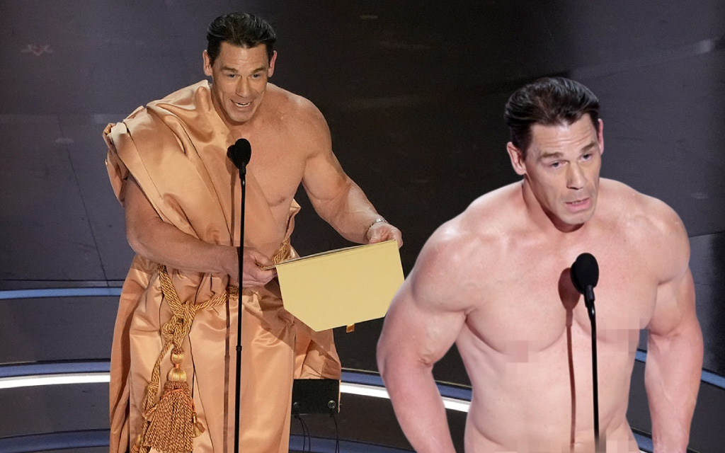 John Cena - từ cựu đô vật trở thành 'chú hề' dễ mến trên màn ảnh Hollywood- Ảnh 2. John Cena gây sốc với màn khỏa thân 99% trên sân khấu trao giải Oscar 2024