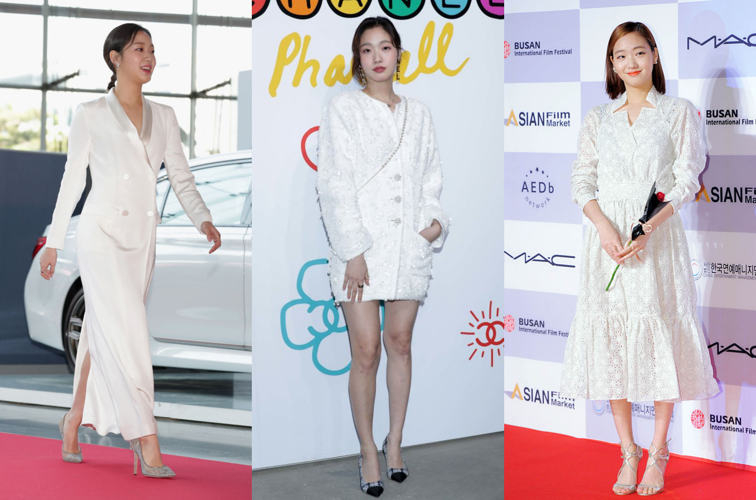 تعلم أسلوب الموضة من  Trong trang phục màu trắng, Kim Go Eun biết cách để trông mình không nhàm chán. Cô nhấn nhá trang phục với các phụ kiện như giày cao gót, bông tai và túi xách của các thương hiệu lớn như Chanel, Jimmy Choo - Ảnh: Getty