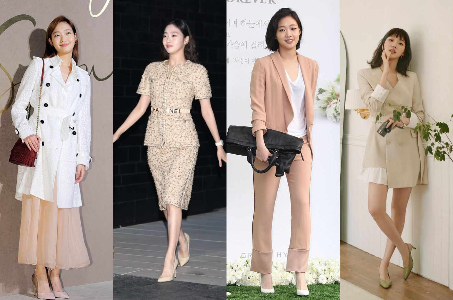 تعلم أسلوب الموضة من  Trong bốn dịp khác nhau, ngôi sao phim truyền hình Hàn Quốc Kim Go Eun đều mặc những trang phục có màu sắc trầm và trung tính, kết hợp với màu trắng hoặc ví và giày để nổi bật hơn - Ảnh: Getty